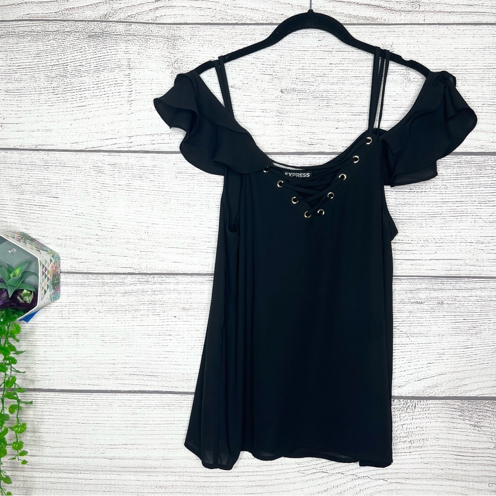 Express Black Cold Shoulder Ruffle Sleeve Lace Up Blouse Top Size Medium